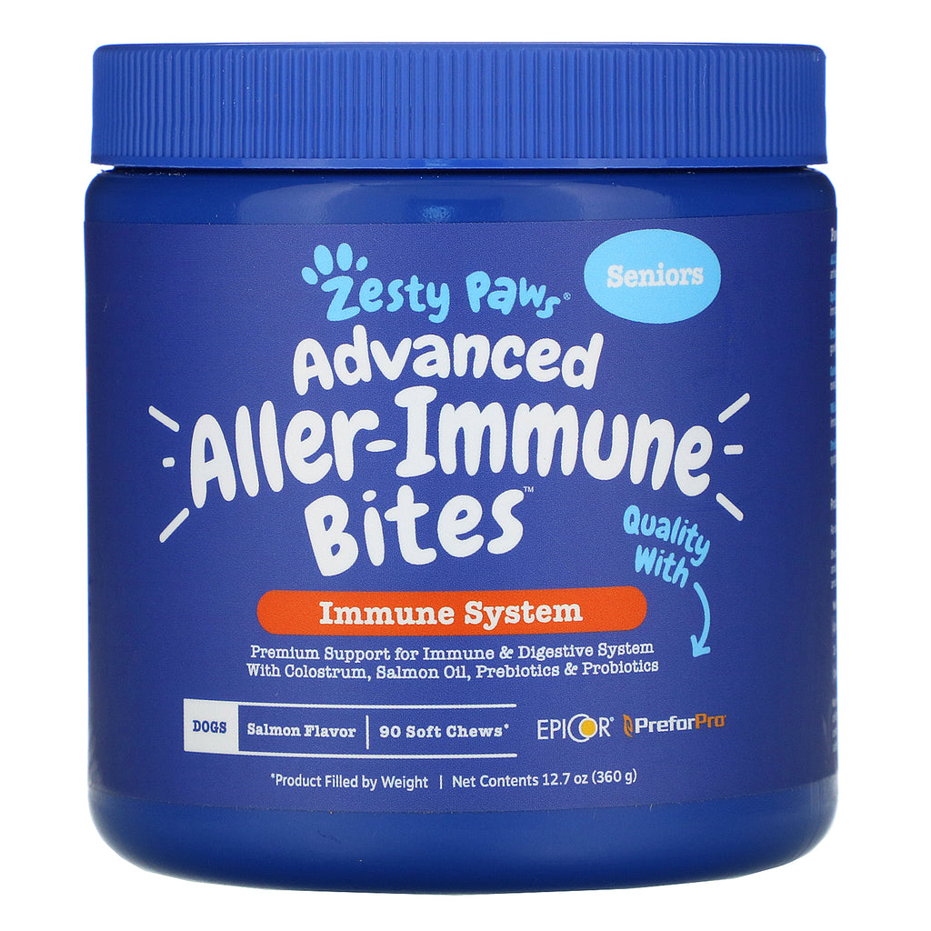 Zesty Paws, Advanced Aller-Immune Bites for Dogs, Immune System, Senior, Salmon Flavor, 90 Soft Chews, 12.7 oz (360 g)