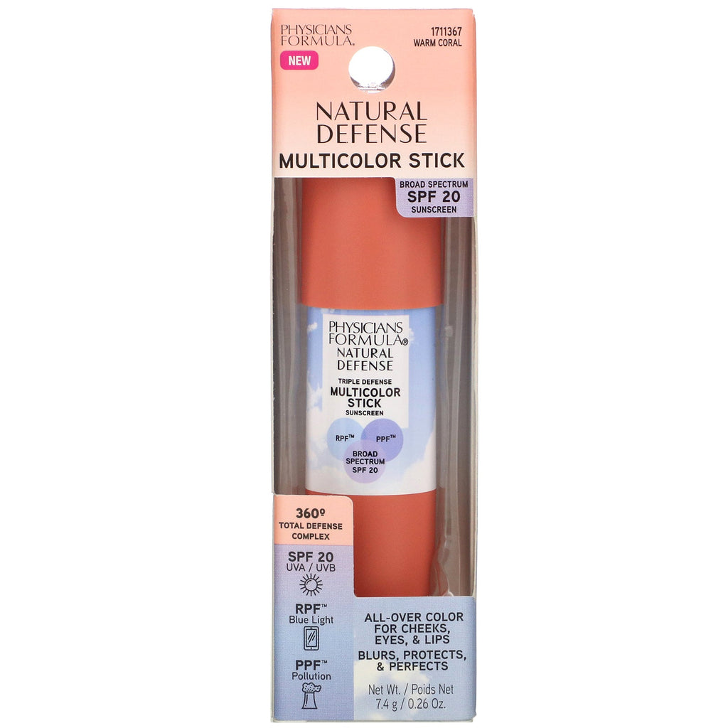 Physicians Formula, Barra multicolor Natural Defense, SPF 20, Coral cálido, 7,4 g (0,26 oz)