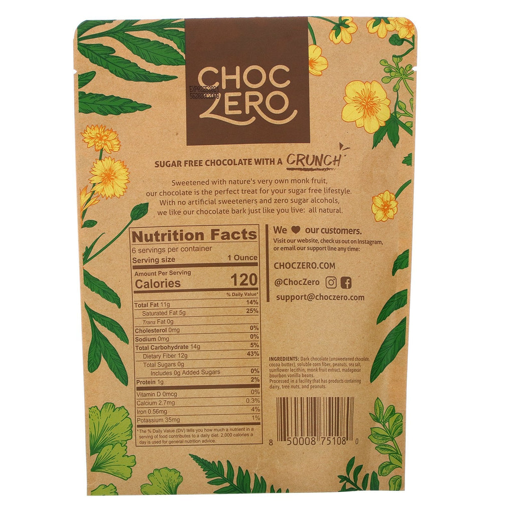 ChocZero, mørk chokolade med havsalt, keto bark jordnødder, sukkerfri, 6 barer, 1 oz hver