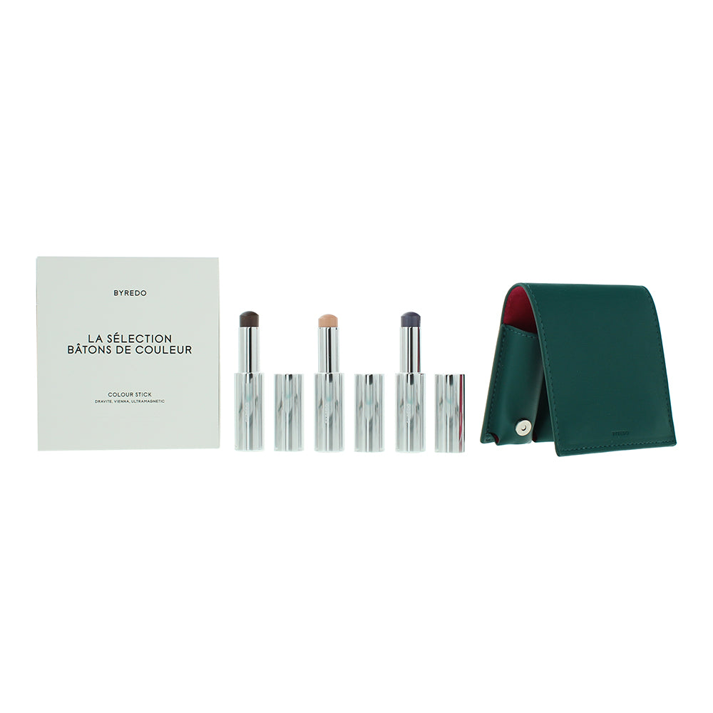 Byredo Deep Teal Set Of 3 + Leather Pouch: Solar Flare, Flower Play, Kumato Face