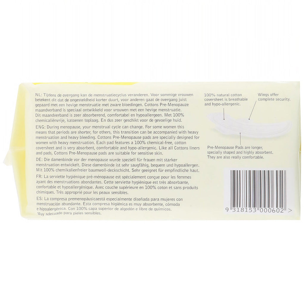 Bomuld, 100 % naturligt bomuldsdæklag, bind før overgangsalderen med vinger, 8 bind