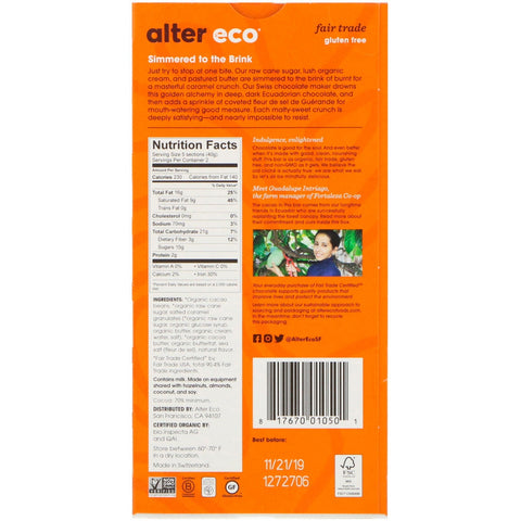 Alter Eco, chokoladebar, dyb mørksaltet brændt karamel, 70 % kakao, 2,82 oz (80 g)