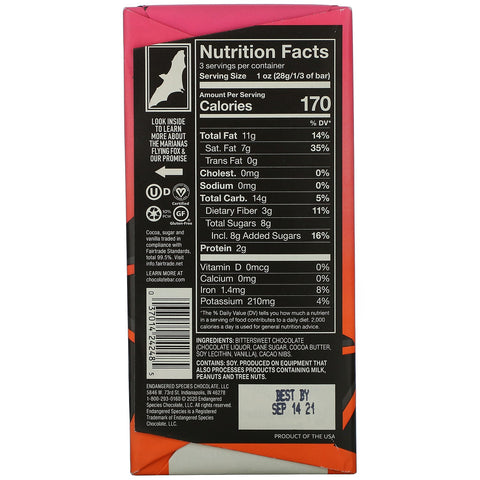 Udryddelsestruede arter chokolade, kakaonibs + mørk chokolade, 72 % kakao, 3 oz (85 g)