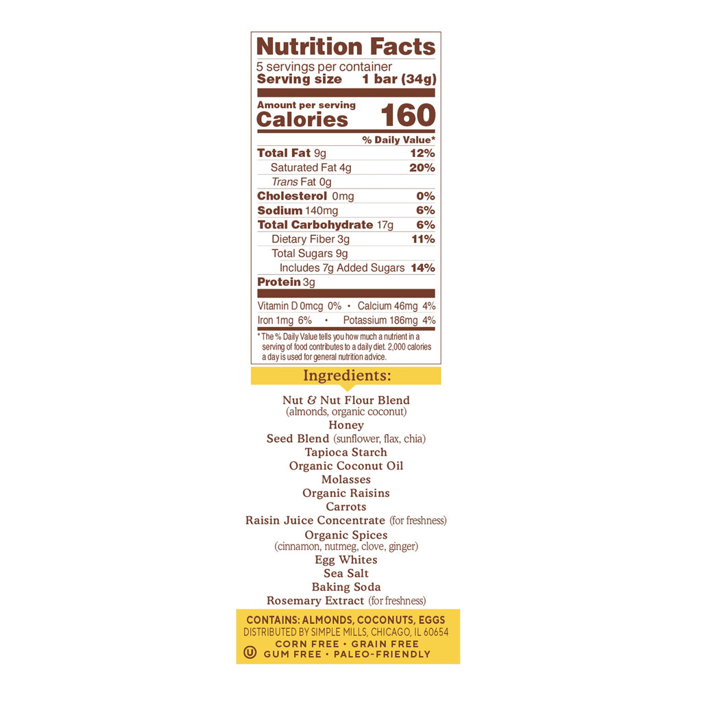 Simple Mills, Soft-Baked Almond Flour Bars, Spiced Carrot Cake, 5 Bars,  1.19 oz (34 g) Each