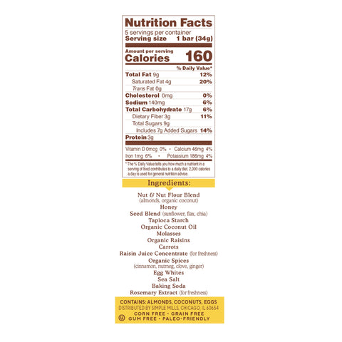 Simple Mills, Soft-Baked Almond Flour Bars, Spiced Carrot Cake, 5 Bars,  1.19 oz (34 g) Each