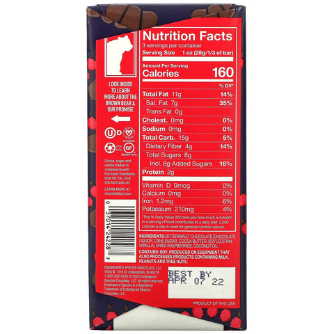 Truede arter chokolade, syrlige hindbær + mørk chokoladebar, 72 % kakao, 3 oz (85 g)