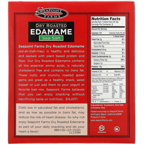Seapoint Farms, Dry Roasted Edamame, Sea Salt, 8 Snack Packs, 0.79 oz (22.5 g) Each