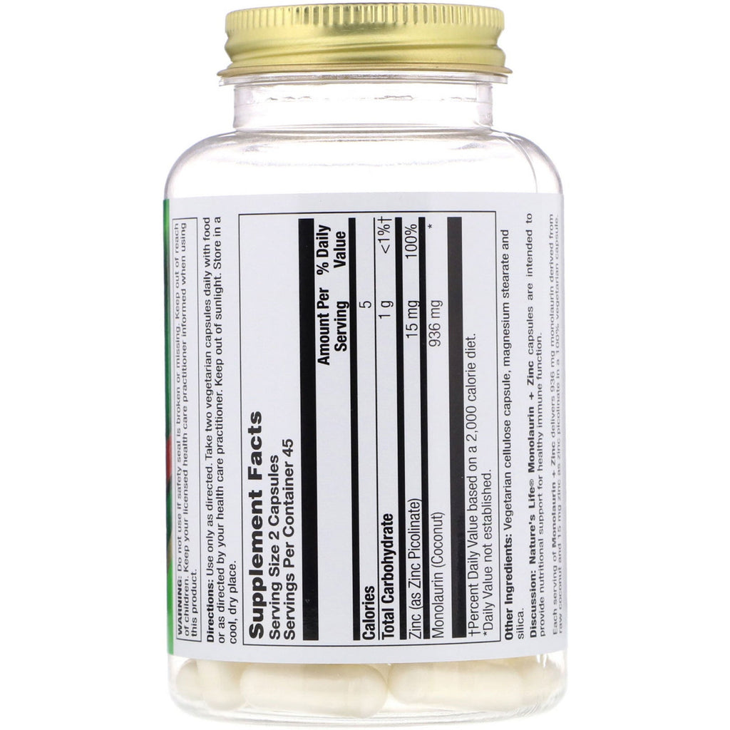 Nature's Life, Monolaurin + Zinc, 90 Vegetarian Capsules