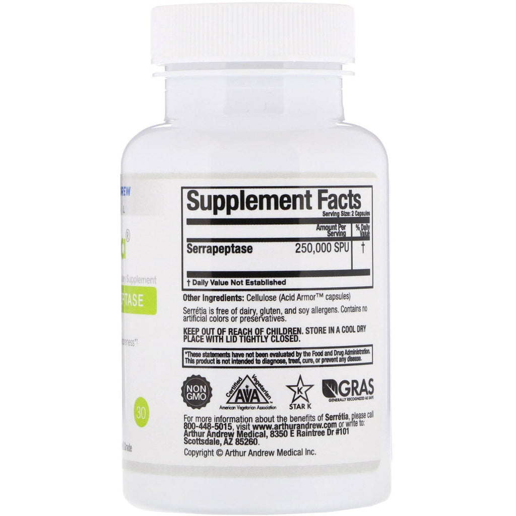 Arthur Andrew Medical, Serretia, Pure Serrapeptase, 500 mg, 30 kapsler