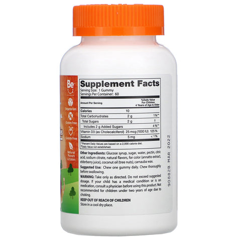 Doctor's Best, Doc's Kids, Vitamin D3 Gummies, All Natural Fruit Flavors, 25 mcg (1,000 IU), 60 Natural Fruit Pectin Gummies