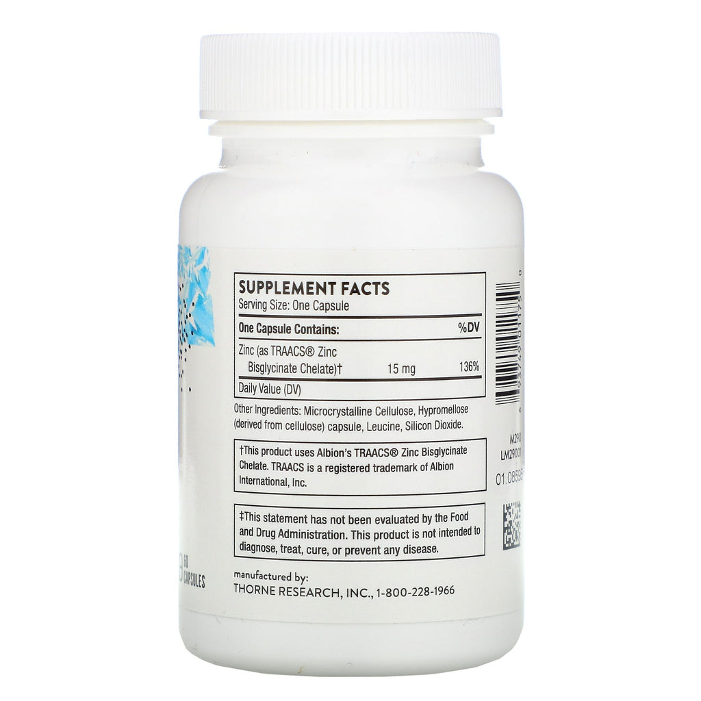 Thorne Research, bisglicinato de zinc, 15 mg, 60 cápsulas