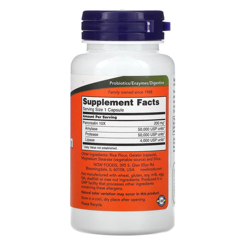 Now Foods, Pancreatina, 10X - 200 mg, 100 cápsulas