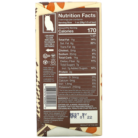 Udryddelsestruede arter chokolade, mandler havsalt + mørk chokolade, 72 % kakao, 3 oz (85 g)