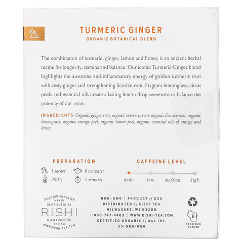 Rishi te, botanisk blanding, gurkemeje ingefær, koffeinfri, 15 poser, 1,74 oz (49,5 g)