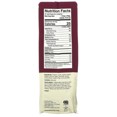 Teeccino, café con hierbas de achicoria, moca, tostado medio, sin cafeína, 11 oz (312 g)