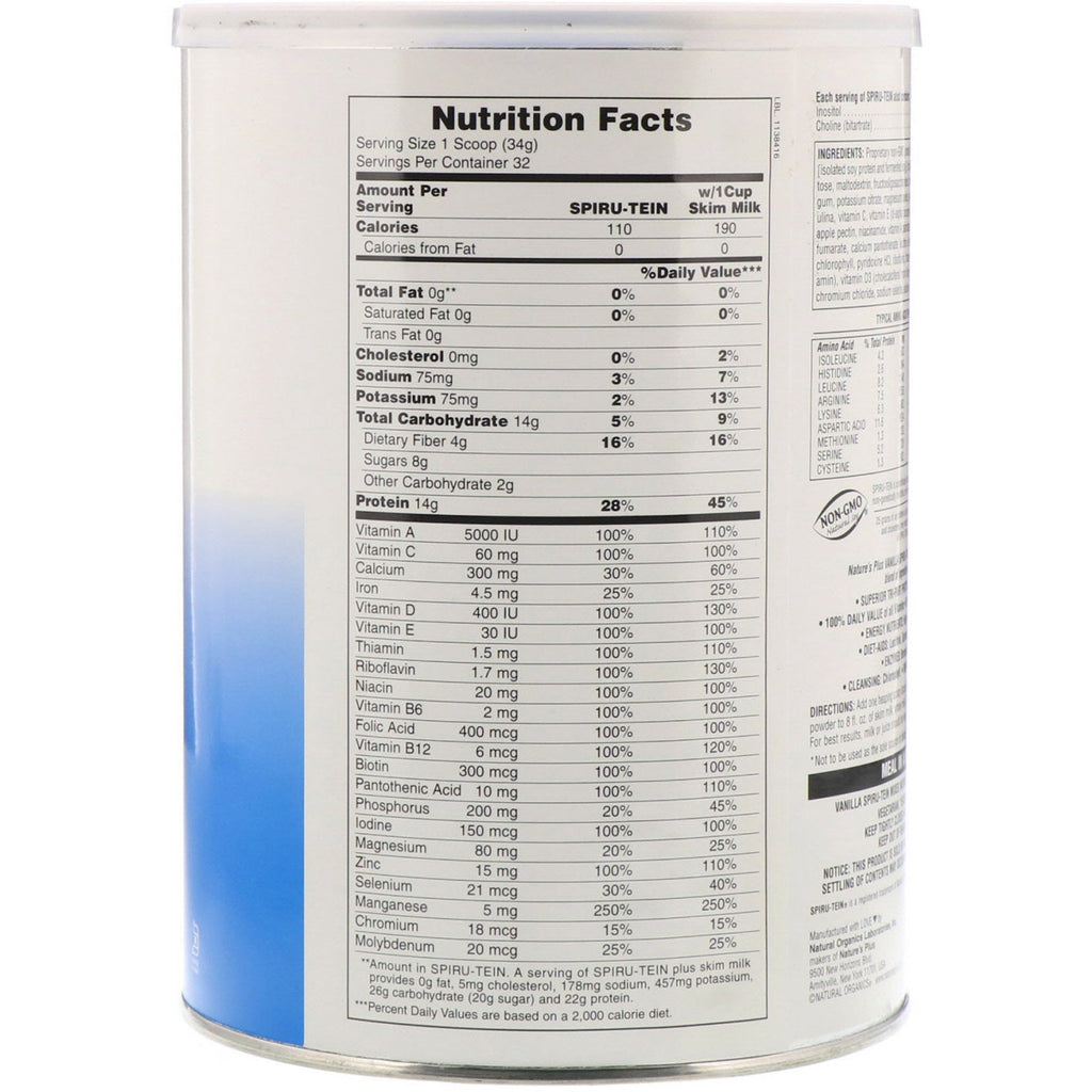 Nature's Plus, Spiru-Tein, High Protein Energy Meal, Vanilje, 2,4 lbs (1088 g)