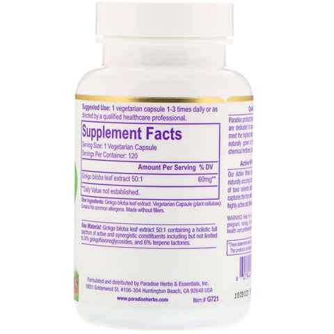 Paradise Herbs, Ginkgo Biloba, 120 Vegetarian Capsules