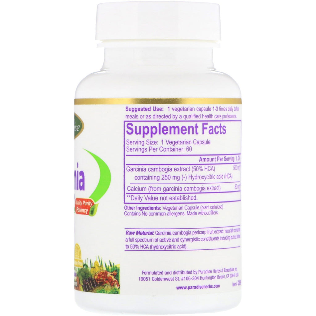 Paradise Herbs, Garcinia Cambogia, 60 vegetariske kapsler