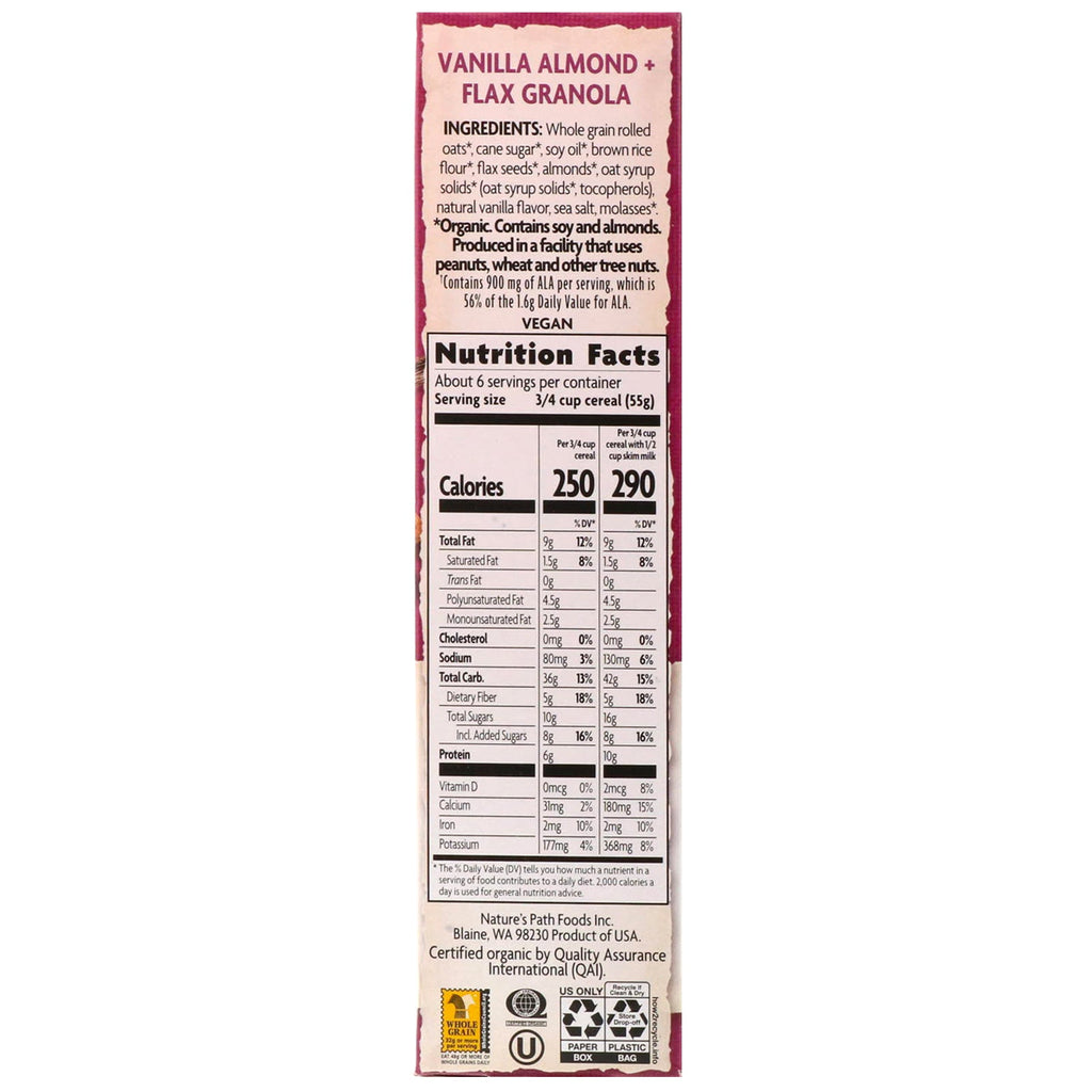 Nature's Path, Cereal de vainilla, almendra y granola de lino, 325 g (11,5 oz)