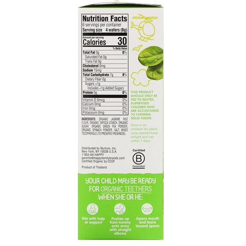 Happy Family s, Mordedores, obleas suaves para la dentición, bebé sentado, guisantes y espinacas, 12 paquetes, 4 g (0,14 oz) cada uno