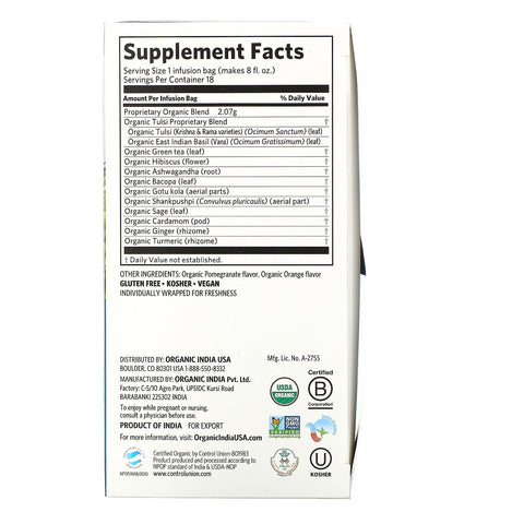 Indien, Tulsi Focus, Granatæbleappelsin, 18 infusionsposer, 1,31 oz (37,26 g)