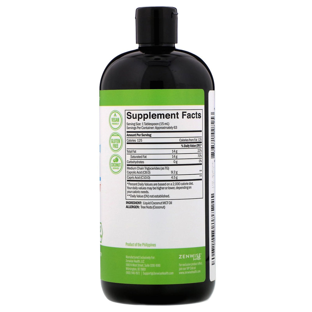 Zenwise Health, Capryl (C8) + Capric (C10) MCT-olie, 100 % kokosnød, uden smag, 32 fl oz (946 ml)
