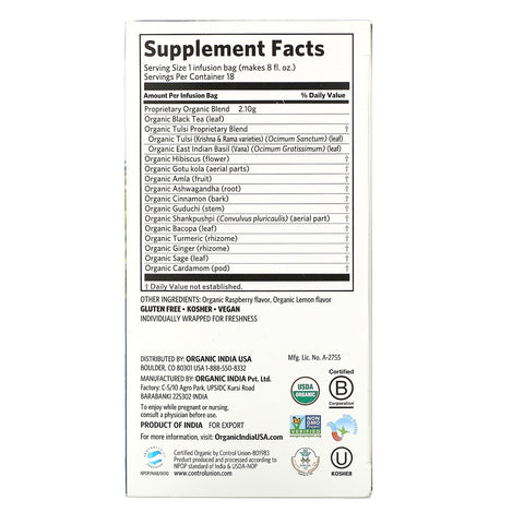 Indien, Tulsi-te, fokus, hindbærcitron, 18 infusionsposer, 36 g (1,27 oz)