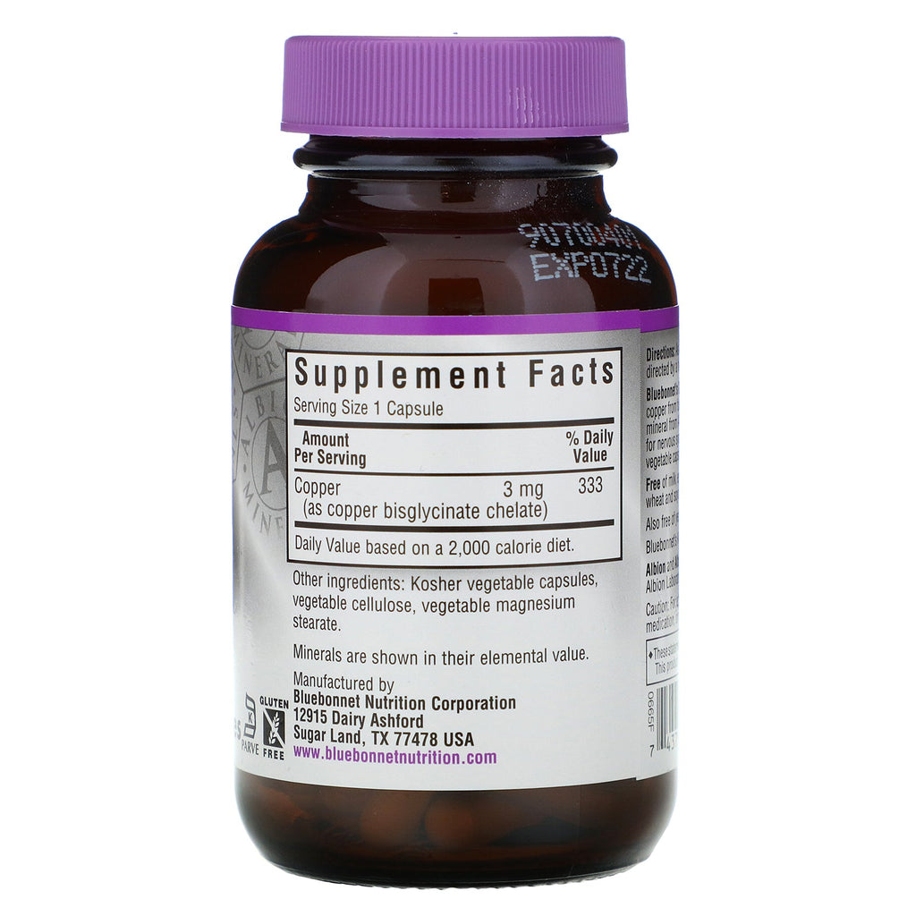 Bluebonnet Nutrition, cobre quelado, 90 cápsulas V