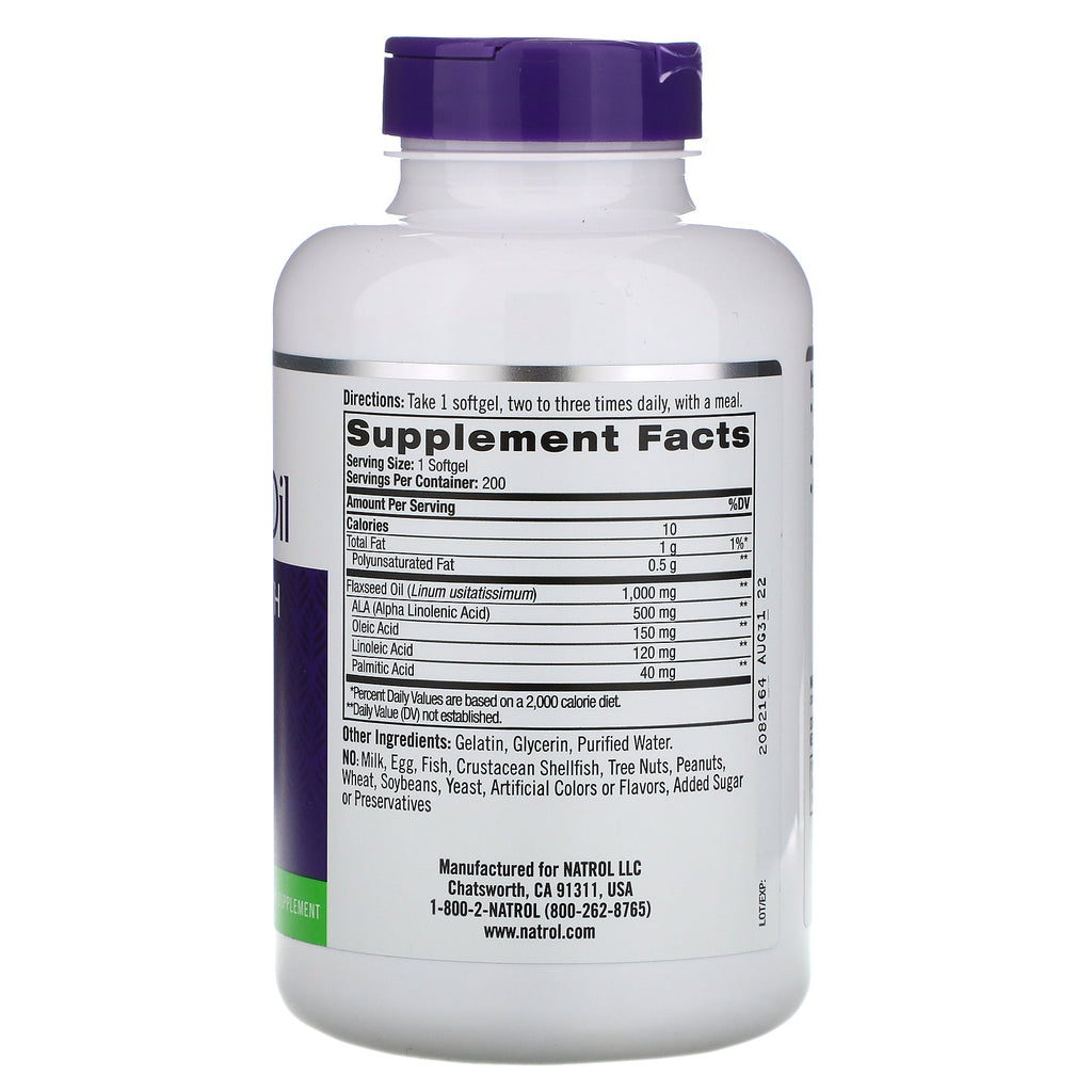 Natrol, Flaxseed Oil, Heart Health, 1,000 mg, 200 Softgels