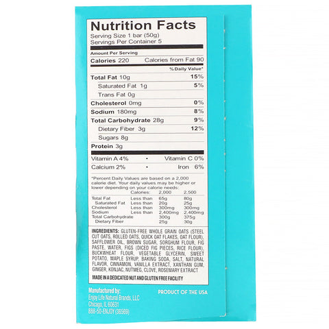 Enjoy Life Foods, óvalos de avena y fruta horneados para el desayuno, higo de arce, 5 barras, 50 g (1,76 oz) cada una