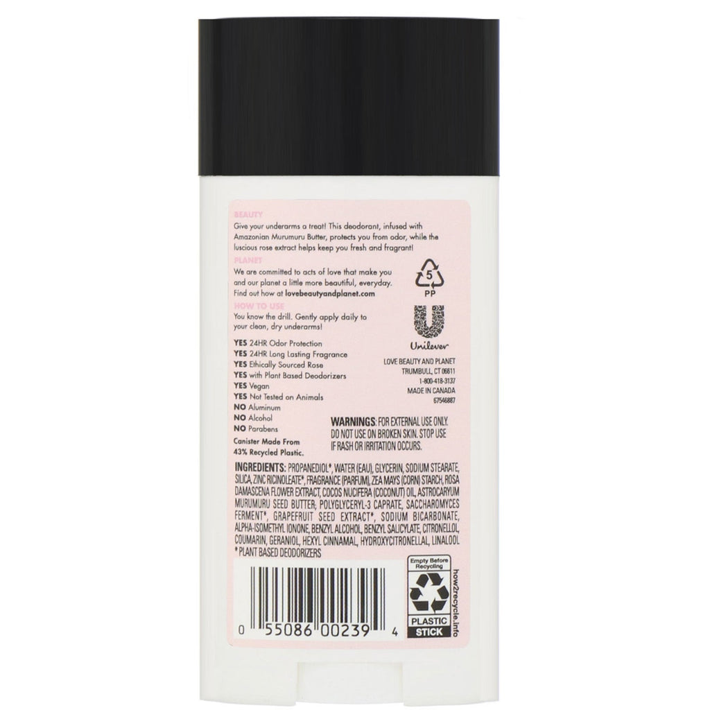 Love Beauty and Planet, forkælende deodorant, Murumuru Butter &amp; Rose, 2,95 oz (83,5 g)