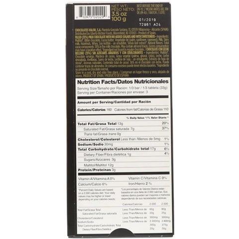 Valor, 0% tilsat sukker, cremet mælkechokolade med hasselnød, 3,5 oz (100 g)