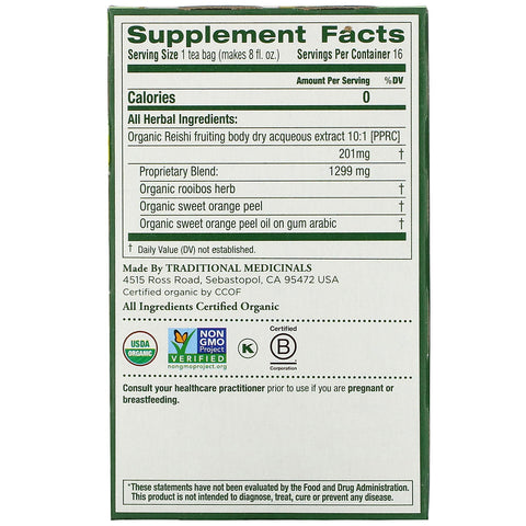 Traditional Medicinals,  Reishi Mushroom with Rooibos & Orange Peel, Caffeine Free, 16 Wrapped Tea Bags, .85 oz (24 g)