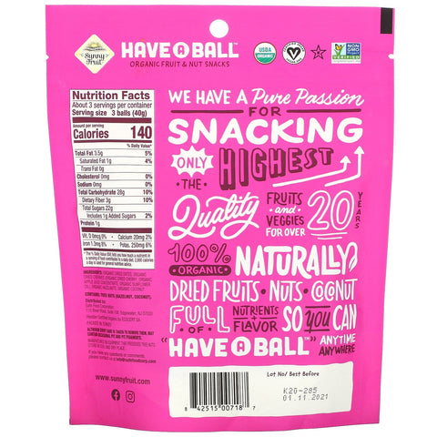 Sunny Fruit, Have A Ball, Frugt & Nødde Snacks, Kirsebær & Hasselnød, 4,44 oz (126 g)