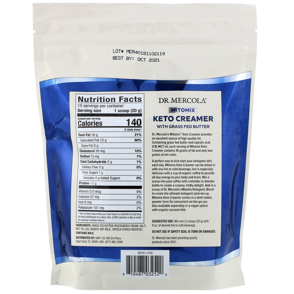 Dr. Mercola, Mitomix, Keto-flødekande med græsfodret smør, 10,58 oz (300 g)