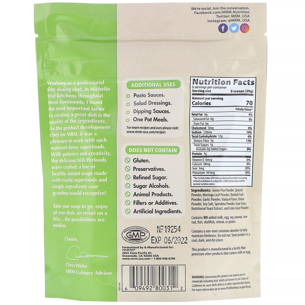 MRM, Superfoods, Moringa Green Pea Soup, 4.2 oz (120 g)