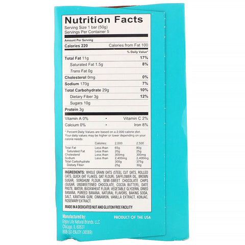 Nyd Life Foods, blødbagte morgenmadsfrugt- og havre-ovaler, Chocolate Chip Banan, 5 barer, 1,76 oz (50 g) hver