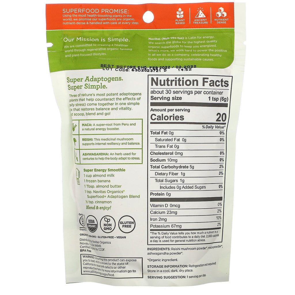 Navitas s, Mezcla de superalimentos y adaptógenos, Maca + Reishi + Ashwagandha, 6,3 oz (180 g)