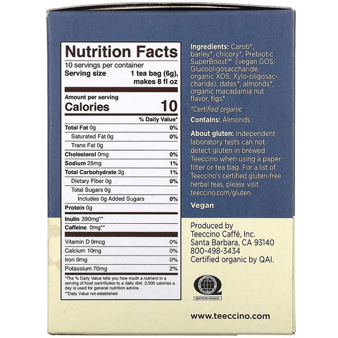 Teeccino, præbiotisk urtete, macadamianødder, koffeinfri, 10 teposer, 2,12 oz (60 g)