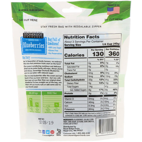 Stoneridge Orchards, arándanos, arándanos enteros secos, azúcar reducida, 4 oz (113 g)
