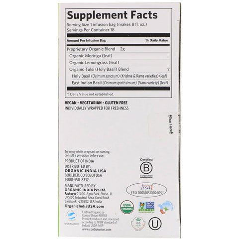 Indien, Tulsi te, Moringa, koffeinfri, 18 infusionsposer, 1,27 oz (36 g)