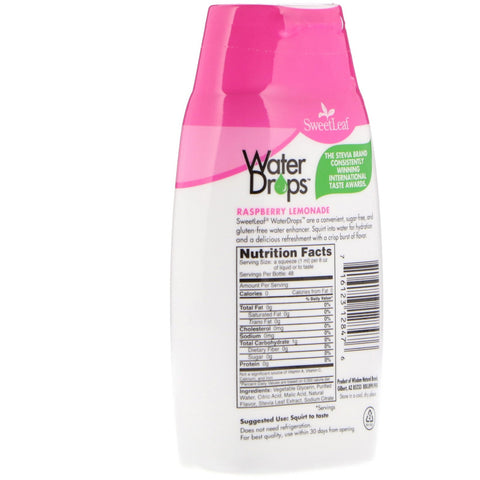 Wisdom Natural, SweetLeaf, Vanddråber, Delicious Stevia Water Enhancer, Raspberry Lemonade, 1,62 fl oz (48 ml)