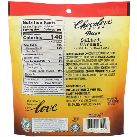 Chocolove, Bites, saltet karamel i 55 % mørk chokolade, 3,5 oz (100 g)