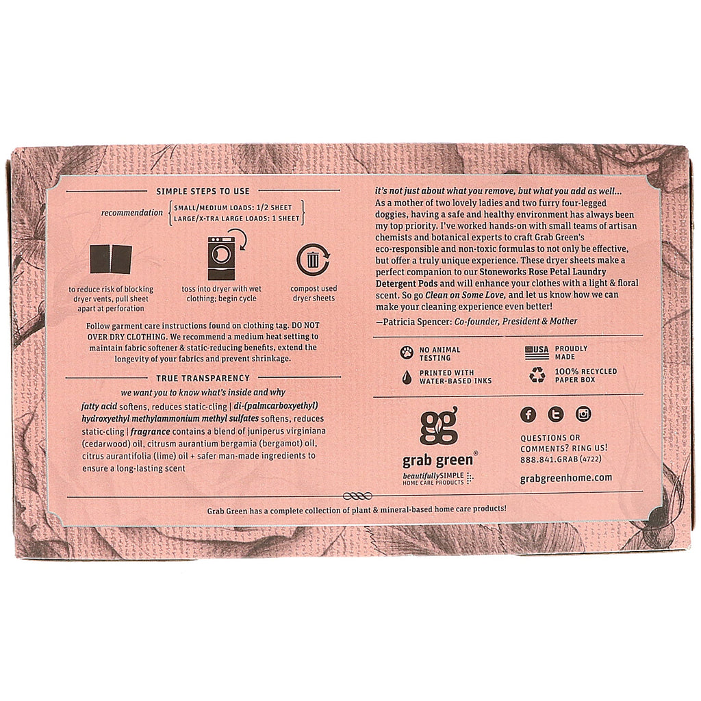 Grab Green, Stoneworks, Dryer Sheets, Rose Petal, 50 Sheets