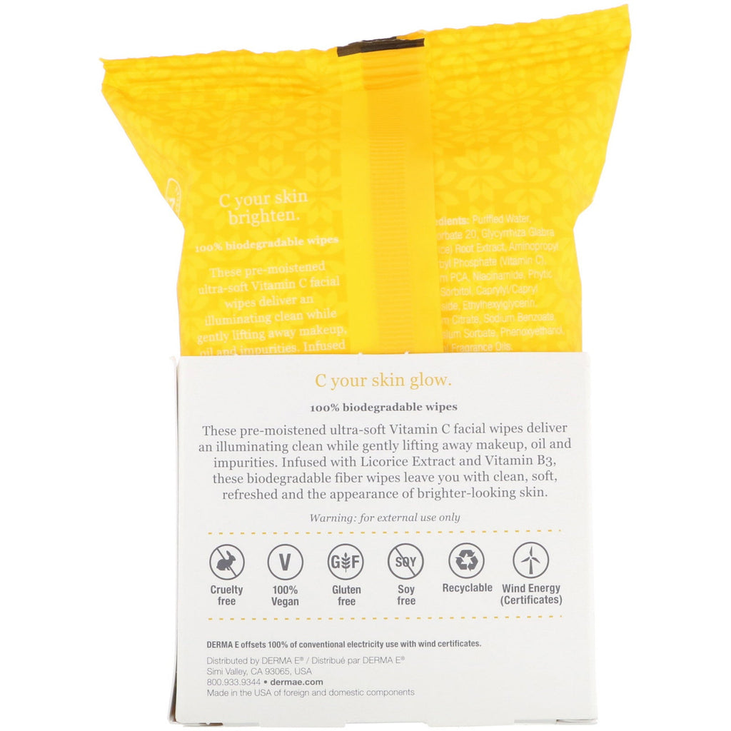 Derma E, Toallitas micelares iluminadoras con vitamina C, 30 toallitas prehumedecidas