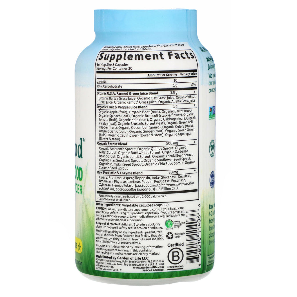 Garden of Life, RAW Perfect Food, superalimento verde, jugo de verduras en polvo, 240 cápsulas veganas