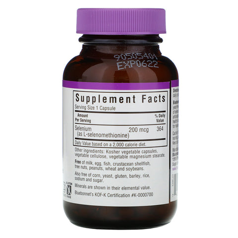 Bluebonnet Nutrition, Selen, Selenomethionin, 200 mcg, 90 grøntsagskapsler