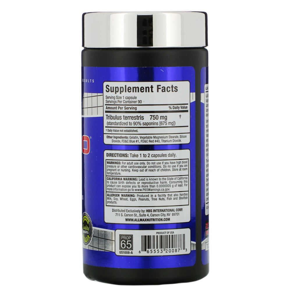 ALLMAX Nutrition, TribX90, Tribulus búlgaro ultraconcentrado, 90 % de saponinas furostanólicas, 750 mg, 90 cápsulas