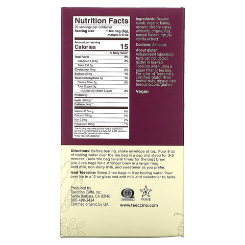 Teeccino, ristet urtete, vaniljenød, koffeinfri, 25 teposer, 5,3 oz (150 g)