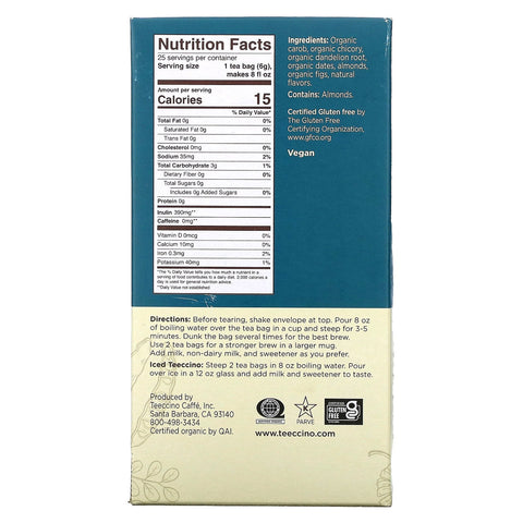 Teeccino, ristet urtete, mælkebøtte karamelnød, koffeinfri, 25 teposer, 5,3 oz (150 g)